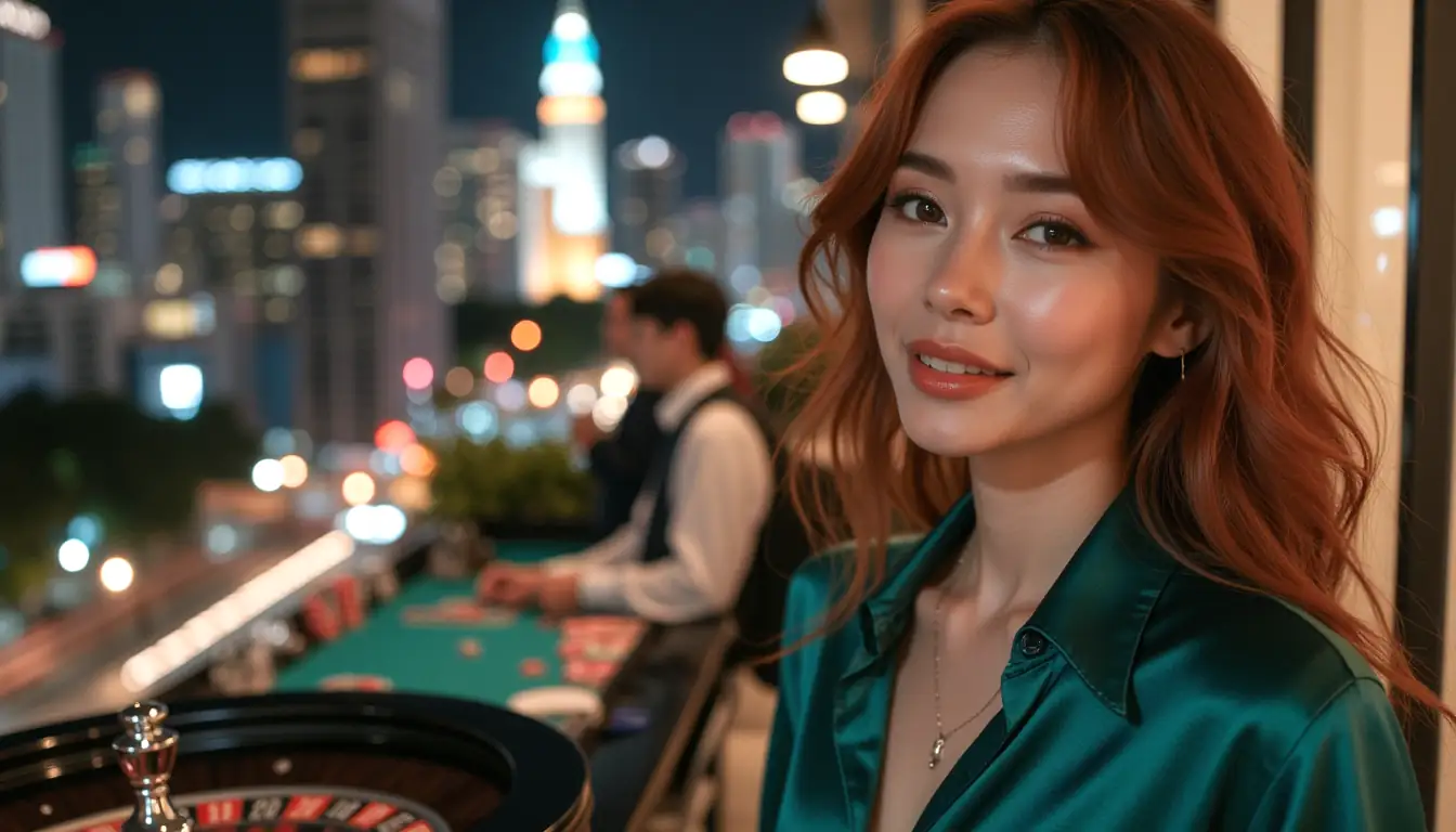 Redhead woman with inviting smile and neon casino ambience for Darwin Casino