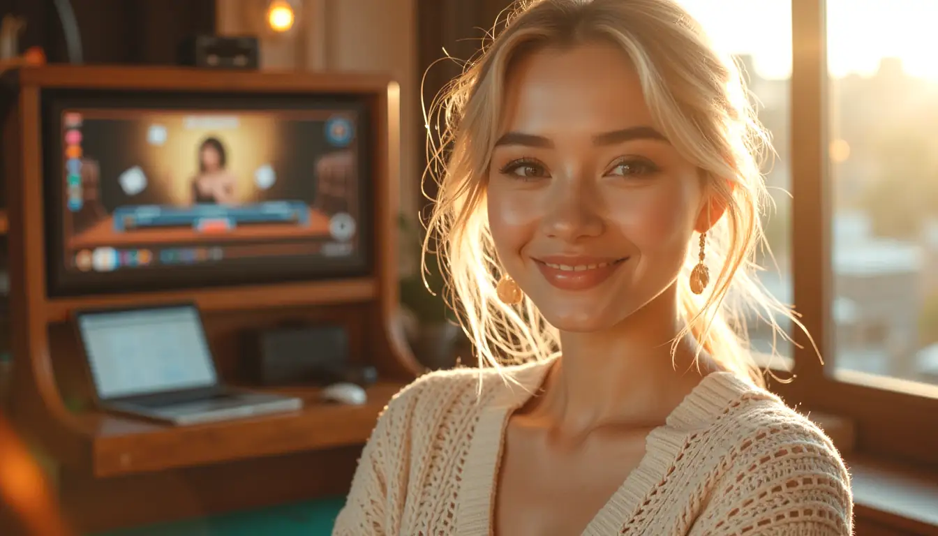 Blonde woman smiling in a sunlit loft with casino ambience and Darwin Casino browser glow